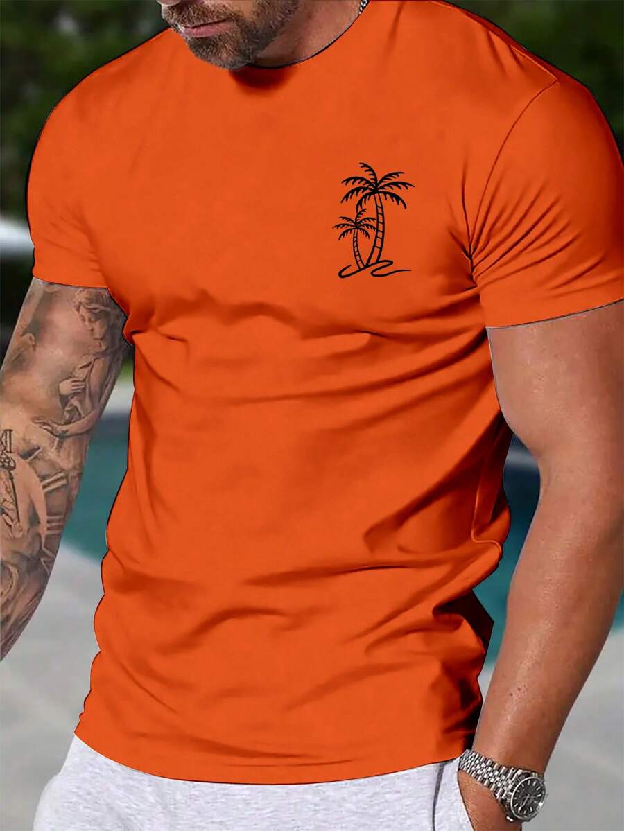 Genlund Men's Classic Coconut Tree Graphic Round Neck Short Sleeve T-Shirt, Summer Vacation Style Short Sleeve Top, Holiday - Orange - View 1