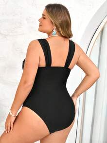 SHEIN CURVE+ Plus Size Women Summer Solid Color One-Piece Swimsuit - Black - View 2