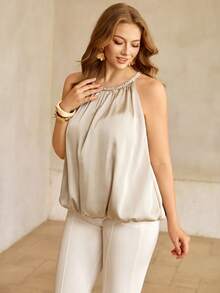 Roveilla 加大码女式杏色缎面衬里荷叶边下摆无袖吊带背心，配有编织抽绳领口，宽松版型，优雅法式浪漫复古风格，适合通勤、商务、海滩、休闲等场合，简约百搭，可作伴娘吊带背心，春夏新品 - 杏色 - 查看 5