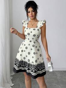 SHEIN Elenzya 女士春夏优雅时尚黑白印花吊带连衣裙，荷叶边装饰，腰间系带，A字短款波西米亚风，适合温泉度假、海滩旅行、休闲度假、户外音乐节、约会聚会、日常休闲居家穿着 - 黑與白 - 查看 7