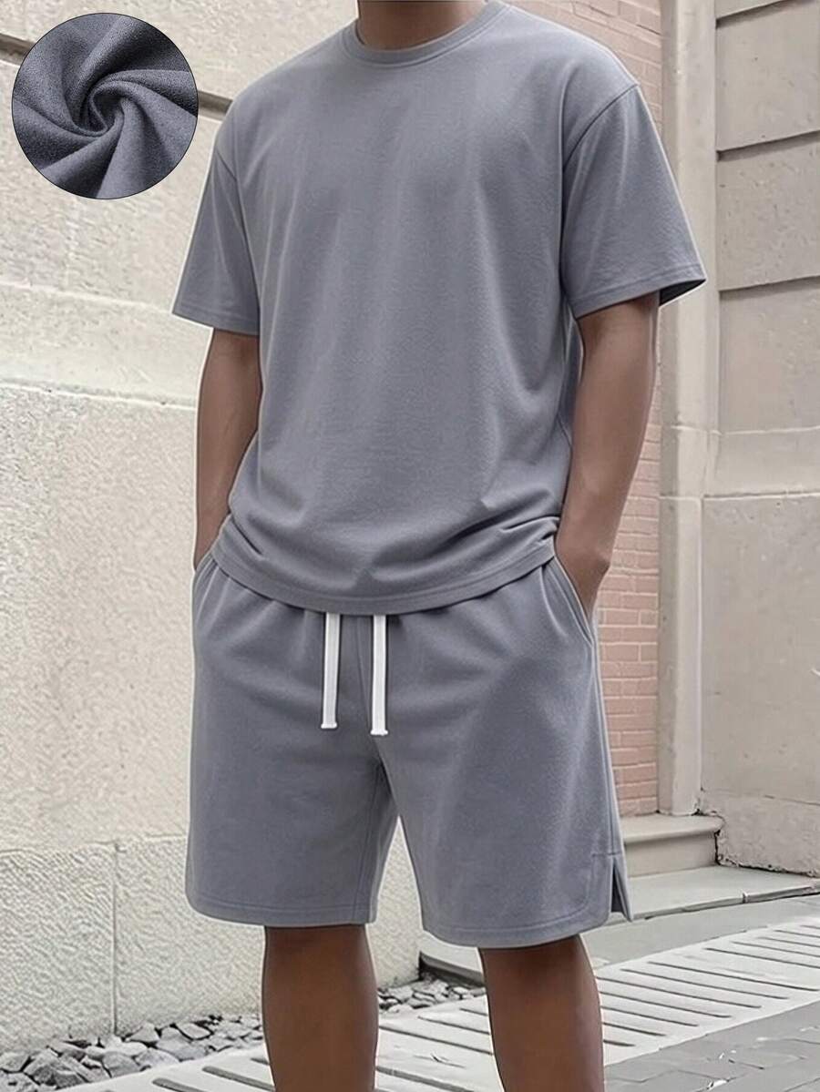 Manfinity Homme Men's Casual Suede Short Sleeve Set - Grey - View 1