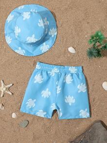 2pcs Baby Boys Swimwear Set, Cute Green Sea Turtle Pattern Swim Trunks And Hat, Adjustable Drawstring Beach Shorts, Vacation & Beach Outfit Swim Trunks With Hat Baby Boy Toddler Boy Beach Set Beach Wear For Baby Boy Toddler Boy Swim Hat Toddler Boy Swim Trunks Baby Boy Swim Trunks Toddler Boy Swimwear Baby Boy Swim Set Toddler Boy Swim Trunks Turtle Baby Boy Hat And Shorts - Blue - View 2