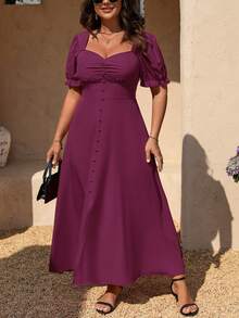 Juhart 大码女士优雅简约纯色度假风甜心领泡泡袖高开衩腰带长裙 - 中紫紅色 - 查看 5