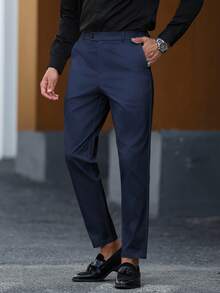 Manfinity Mode Men's Casual Versatile Solid Color Suit Pants Navy Blue Dress Pants Men Men Slim Fitted Pants - Navy Blue - View 3