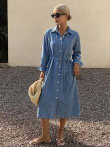 Livesso Women's Collared Tie-Waist Washed Denim Dress - Blue - View 3