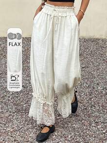 Livesso Women's Lace Patchwork Cream White Casual Pants,Drawstring Waist Boho Summer Holiday Vacation,Spring Picnic Beach,Music Festivals Wedding Commuting - White - View 1