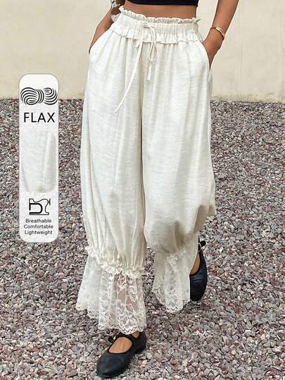 Livesso Women's Lace Patchwork White Casual Pants With Drawstring Waist, Suitable For Spring, Summer, Music Festivals, Valentine's Day, Weddings, Beach, Commuting