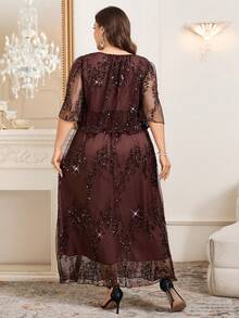 Reflora 大码优雅几何褶皱雪纺夏季连衣裙 - 棕色 - 查看 3