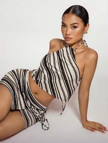 SHEIN ICON Y2K Women's Concert Club Striped Cropped Halter Neck Tank Top And Asymmetric Hem Mini Skirt Sexy 2 Pieces Set - Multicolor - View 6