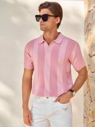 Manfinity CityGents Men's Solid Color Polo Collar Short Sleeve Casual Knitted Top Pink Sweater Men's Fitted