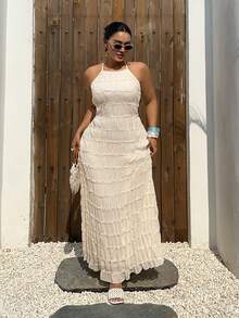 Dazy Plus Chiffon Mesh Sexy Lace-Up Backless Dress, Vacation Style, White - White - View 5