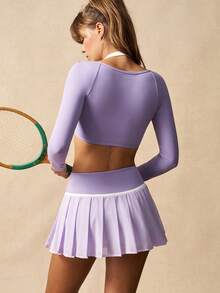 VARSIVA 女士扭结设计长袖露脐吊带上衣和褶皱短裙运动套装 - 彩色 - 查看 9