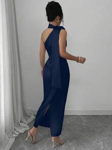 Elegant Sexy French Satin Ribbon Asymmetric Neck 3D Floral Waist Ruched Slim Fit Bodycon Dress - Navy Blue - View 2