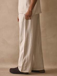 Musero Pantalones de lino con pierna recta, detalle de botones, cintura elástica con cordón, esenciales de primavera y verano - Albaricoque - Ver 4