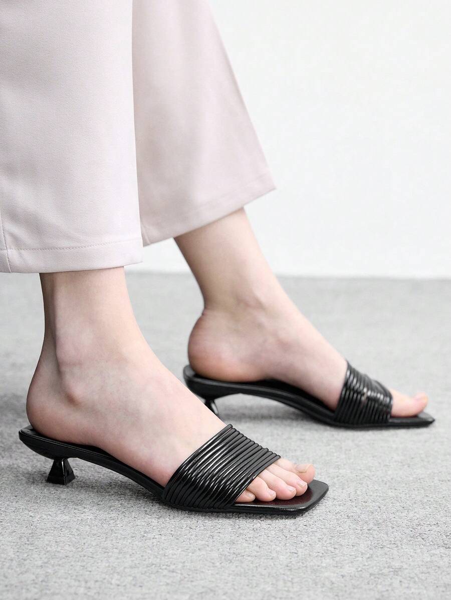 CUCCOO BIZCHIC 春夏新款户外女式杏色方头露趾高跟凉鞋 女式细跟法式裙拖 - 黑色 - 查看 1
