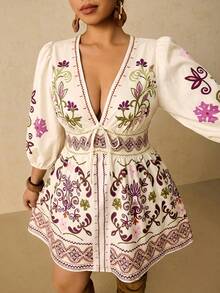 Travachic 大码休闲波西米亚风印花前系蝴蝶结V领长袖短款连衣裙，秋季 - 杏色 - 查看 6