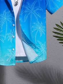 SHEIN 男童夏季休闲渐变棕榈树印花衬衫 - 藍色 - 查看 6