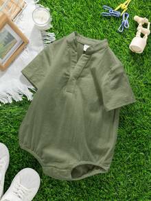 SHEIN 男女宝宝休闲日常穿着立领按扣连体衣，适合春夏室内/室外穿着 - 綠色 - 查看 4