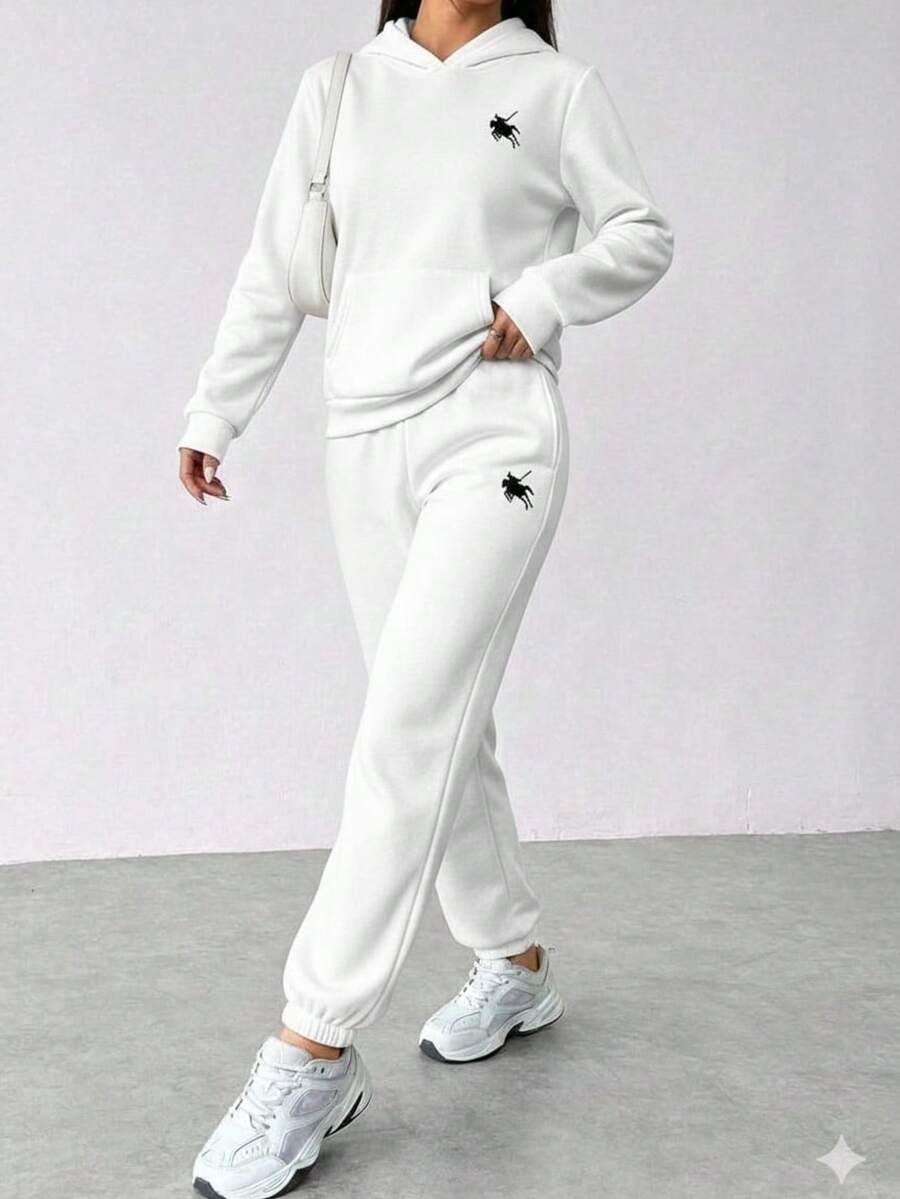 Conjunto set de 2 piezas Sudadera con gorro manga larga comoda y  Pantalon Pants suave, adornada con estampado, para ropa de Año Nuevo, camisetas gráficas para mujeres - Blanco - Ver 1