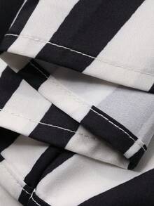 Vivie Lora Women's V-Neck Loose Vertical Striped Ruffle Hem Mid-Length Dress - Black and White - View 3