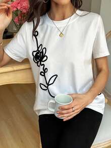 Vivie Lora 女士修身圆领短袖休闲T恤，采用3D线条设计 - 白色 - 查看 8