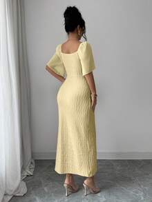 Modelyn 女士金属扣撞色荷叶边领花瓣袖修身优雅连衣裙，春夏款 - 黃色 - 查看 2