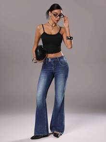 TRNVIE Double-Button Elastic Fitted Low-Waist Fashionable Flare Leg Jeans - Blue - View 7