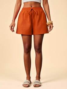 Travachic Pantalones cortos de mujer de unicolor con cordón en la cintura, versátiles y casuales para vacaciones - Naranja - Ver 5