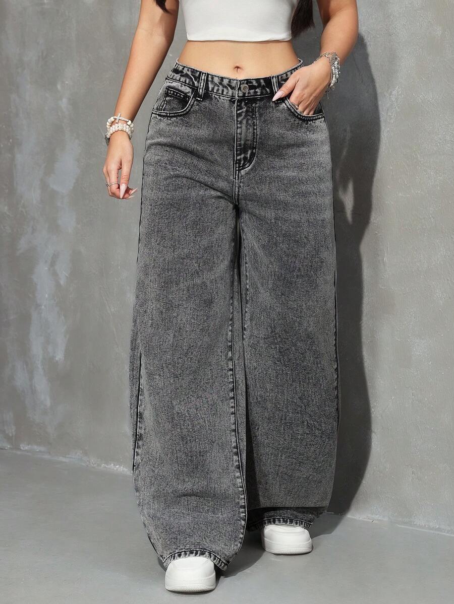 Jeans anchos y sueltos con bolsillos, versátiles y casuales para mujer - Gris Claro - Ver 1