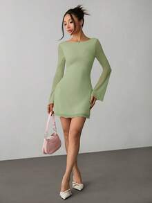 SHEIN PETITE 女士新款性感露背喇叭袖网纱连衣裙，适合初秋穿着 - 薄荷綠 - 查看 3