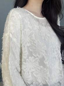 FRIFUL Women's Round Neck All-Over Lace Loose Flare Sleeve Blouse - White - View 6