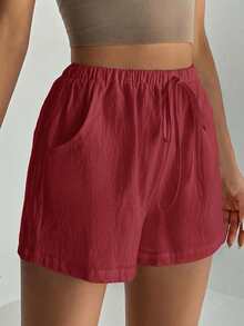 SHEIN Tall Quần short ống rộng màu trơn, có túi xoắn, kiểu dáng thường ngày, đa năng. - Màu Đỏ Sâu - Xem 10