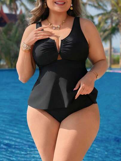 Swim Lushoire 2026 New Plus Size Women's Summer Beach Vacation Tummy Control Shaping Slimming Concealing Adjustable Wide Strap Ruched Modest Chic Tankini Swimsuit