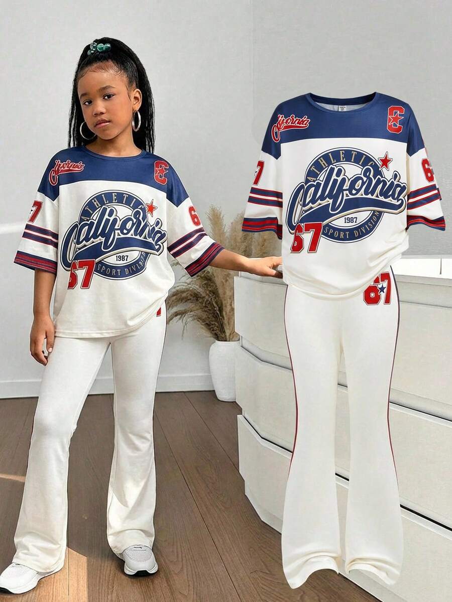 少女落肩印花针织T恤和喇叭裤两件套，休闲时尚，百搭，适合派对、郊游、姐妹合照、公园、露营、度假、日常休闲等场合。 - 白色 - 查看 1