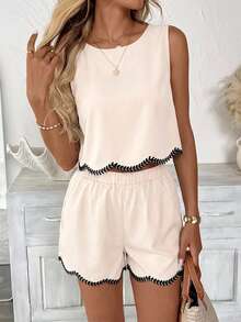 Easowa Damen Lässig einfarbiges Rüschenbesatz besticktes Blumen-Ärmelloses Top und Shorts 2-Teiliges Set, geeignet für Sommerurlaub und Alltagstragen - Khaki - Übersicht 3