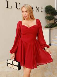 Cioccolato 褶皱胸围灯笼袖红色约会晚礼服 - 酒紅色 - 查看 6