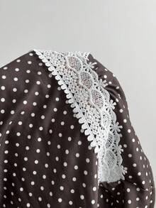 Elamini Camiseta de manga corta ajustada con cuello en V, encaje, parches y lunares en contraste de estilo vintage y dulce y sexy, para primavera/verano para mujeres - Café integral - Ver 6