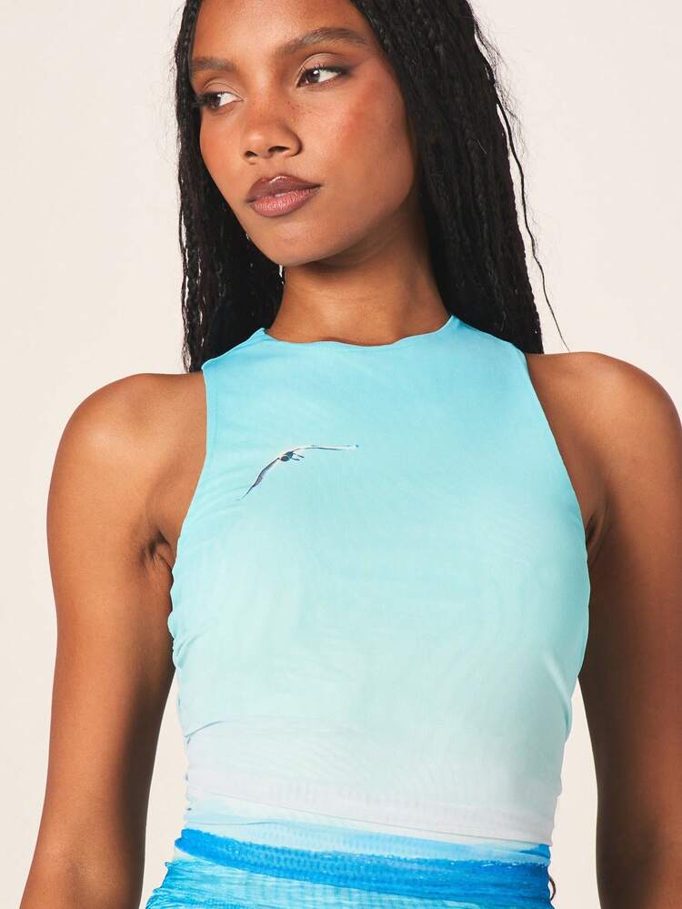 MISSGUIDED Ocean Wave Print Sleeveless Halter Neck Bodycon Mini Dress Summer Beach Vacation Seascape Gradient
