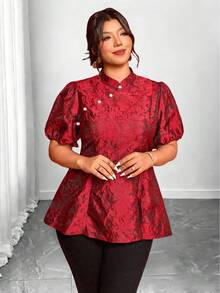 Elenzga 大码复古优雅提花泡泡袖衬衫，新款中国风 - 紅色 - 查看 8