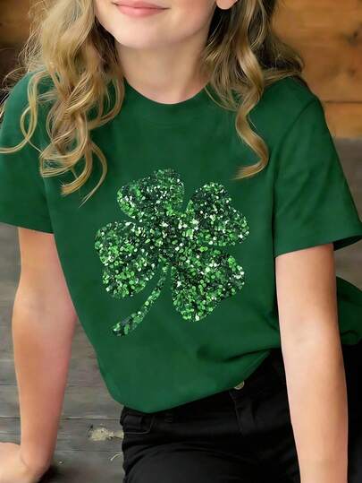 St. Patrick's Day Tween Girl Casual Chic Leopard, Clover, Heart Graphic Print T-Shirt