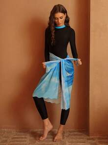 Swim Mulvari Women's 3 PiecesTropical Plant Print Mesh Dress, High Collar Contrast Trim Long Sleeve Top And Long Pants Swimsuit Set, Suitable For Spring/Summer Beach, Cruise, Vacation - Multicolor - View 4