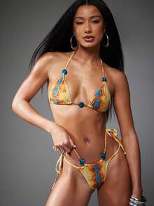 NYA SZN 女士性感蛇纹印花串珠打结露背吊带开衩比基尼套装，夏季海滩度假 - 彩色 - 查看 1