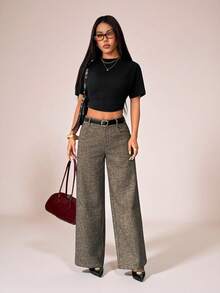 SHEIN PETITE 女士纯色口袋阔腿宽松休闲裤，适合通勤、办公穿着/复古风格/时尚外出/春夏保暖羊毛斜纹直筒裤/夏季女士裤装，棕色斜纹直筒裤，工作裤，秋季 - 咖啡棕 - 查看 6