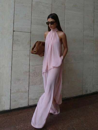 Firerie Conjunto de blusa y pantalones rectos holgados de mujer, elegante y casual para oficina, de gasa rosa con cuello de halter sin mangas y dobladillo asimétrico suelto, nuevo para primavera/verano