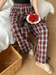 DAZY Plaid Loose Straight Leg Long Pajama Pants, Women Spring Homewear Bottom - Blue - View 11