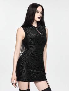 ROMWE Dark Academia Neo-Chinese Gothic Yin Yang Dragon Print Flocked Bodycon Mini Dress - Black - View 2