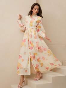 Anewsta Đầm nữ kiểu Pháp lãng mạn, cổ đứng, thắt eo, màu trắng kem, họa tiết hoa nhí. - Màu be - Xem 7