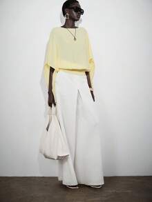 SHEIN x Rafa Kalimann Lumivelle ملابس علوية نسائية بلون موحد بياقة قارب وأكمام خفاشية فضفاضة قصيرة، توب ربيعي/صيفي بلون أصفر فاتح، توب صيفي أنيق للبرانش - أصفر - مشاهدة 6