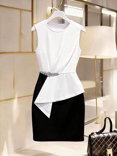 GlowEve Đầm ôm sát không tay cổ tròn phối màu đen trắng dành cho nữ