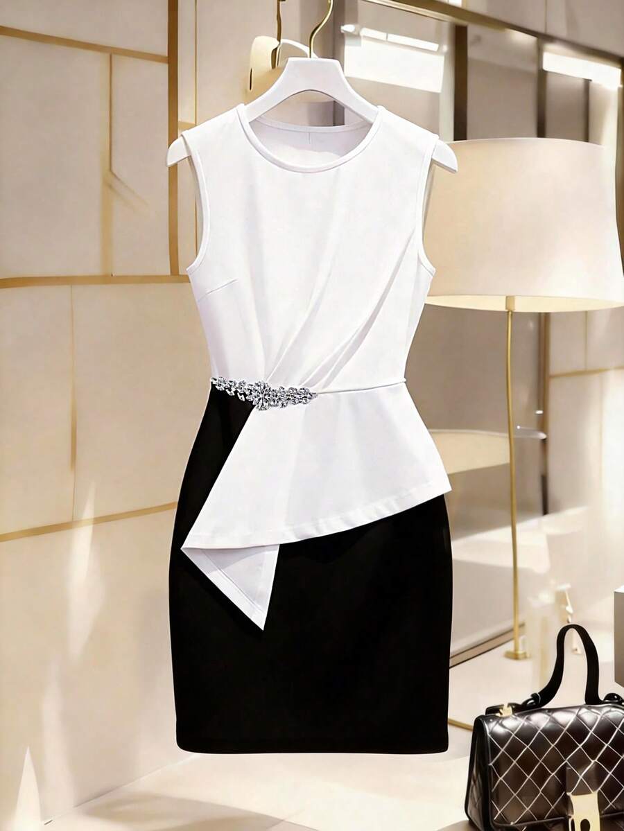 GlowEve Đầm ôm sát không tay cổ tròn phối màu đen trắng dành cho nữ - trắng - Xem 1